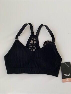 NWT Cali Sport Black Ribbed Strappy Back Bralette Size Small $60